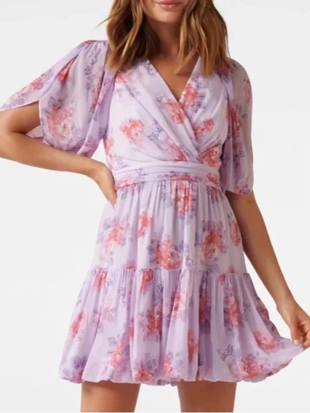 Ever New Lilac Floral Wrap Mini Bubble Dress NWT
